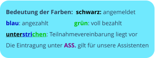 Bedeutung der Farben:  schwarz: angemeldet  blau: angezahlt                 grün: voll bezahlt unterstrichen: Teilnahmevereinbarung liegt vor Die Eintragung unter ASS. gilt für unsere Assistenten