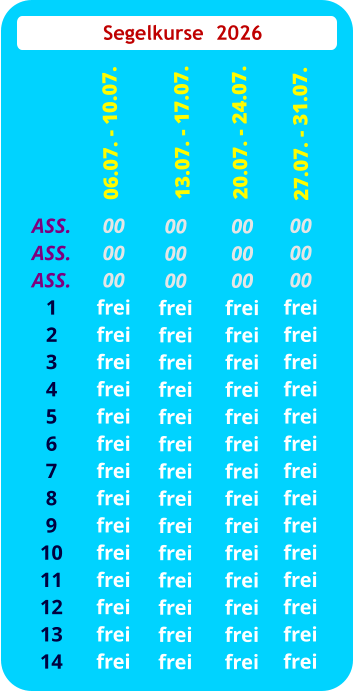 Segelkurse  2026 ASS. ASS. ASS.1 2 3 4 5 6 7 8 9 10 11 12 13 14  00 00 00 frei frei frei frei frei frei frei frei frei frei frei frei frei frei  06.07. - 10.07. 00 00 00 frei frei frei frei frei frei frei frei frei frei frei frei frei frei  20.07. - 24.07. 00 00 00 frei frei frei frei frei frei frei frei frei frei frei frei frei frei   27.07. - 31.07.  00 00 00 frei frei frei frei frei frei frei frei frei frei frei frei frei frei  13.07. - 17.07.