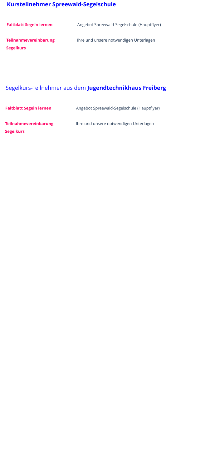 Kursteilnehmer Spreewald-Segelschule   Faltblatt Segeln lernen			Angebot Spreewald-Segelschule (Hauptflyer)  Teilnahmevereinbarung		Ihre und unsere notwendigen Unterlagen Segelkurs     Segelkurs-Teilnehmer aus dem Jugendtechnikhaus Freiberg   Faltblatt Segeln lernen			Angebot Spreewald-Segelschule (Hauptflyer)  Teilnahmevereinbarung		Ihre und unsere notwendigen Unterlagen Segelkurs