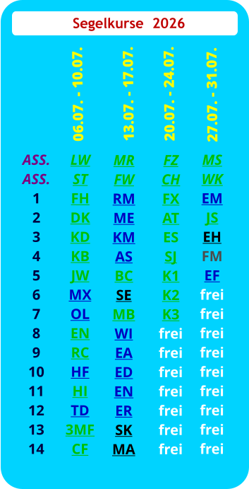 Segelkurse  2026 ASS. ASS. 1 2 3 4 5 6 7 8 9 10 11 12 13 14  LW ST FH DK KD KB JW MX OL EN RC HF HI TD 3MF CF  06.07. - 10.07. FZ CH FX AT ES SJ K1 K2 K3 frei frei frei frei frei frei frei  20.07. - 24.07. MS WK EM JS EH FM EF frei frei frei frei frei frei frei frei frei   27.07. - 31.07.  MR FW RM ME KM AS BC SE MB WI EA ED EN ER SK MA  13.07. - 17.07.